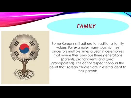 FAMILY Some Koreans still adhere to traditional family values. For