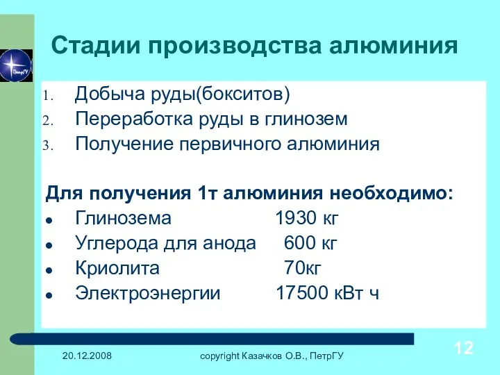 20.12.2008 copyright Казачков О.В., ПетрГУ Стадии производства алюминия Добыча руды(бокситов)