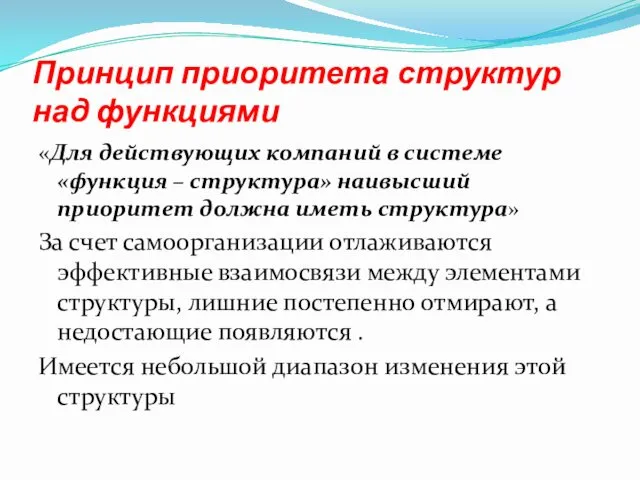 Принцип приоритета структур над функциями «Для действующих компаний в системе