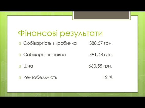 Фінансові результати Собівартість виробнича 388,57 грн. Собівартість повна 491,48 грн. Ціна 660,55 грн. Рентабельність 12 %