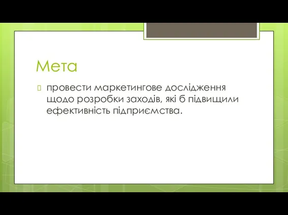 Мета провести маркетингове дослідження щодо розробки заходів, які б підвищили ефективність підприємства.