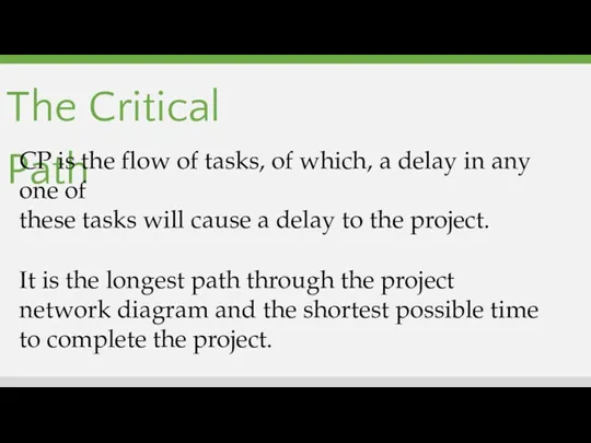 The Critical Path CP is the flow of tasks, of which, a delay