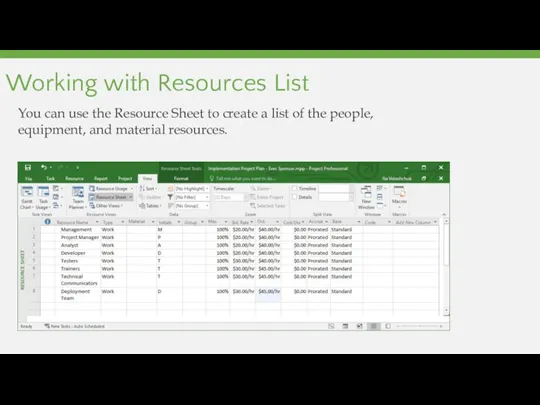 Working with Resources List You can use the Resource Sheet to create a