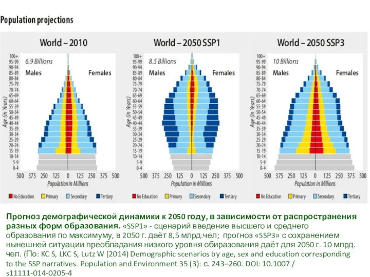 Прогноз демографической динамики к 2050 году, в зависимости от распространения разных форм образования.