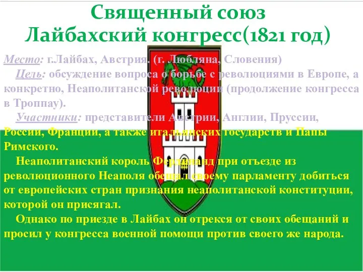 Священный союз Лайбахский конгресс(1821 год) Место: г.Лайбах, Австрия. (г. Любляна,