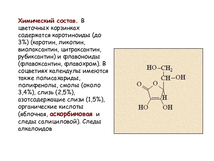 Химический состав. В цветочных корзинках содержатся каротиноиды (до 3%) (каротин,