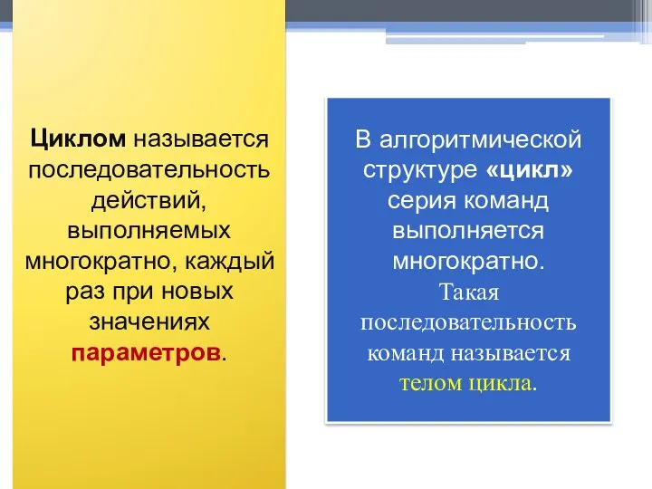 В алгоритмической структуре «цикл» серия команд выполняется многократно. Такая последовательность