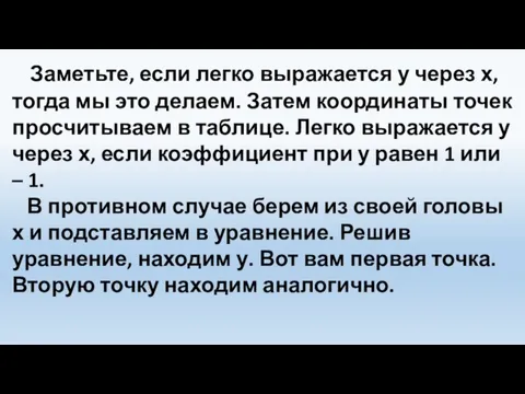 Заметьте, если легко выражается у через х, тогда мы это делаем. Затем координаты