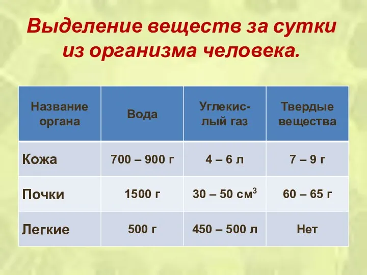 Выделение веществ за сутки из организма человека.