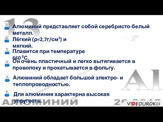 Алюминий представляет собой серебристо-белый металл. Лёгкий (ρ=2,7г/см3) и мягкий. Плавится