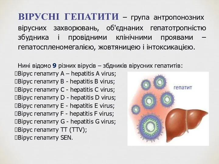 ВІРУСНІ ГЕПАТИТИ – група антропонозних вірусних захворювань, об'єднаних гепатотропністю збудника