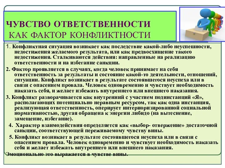 ЧУВСТВО ОТВЕТСТВЕННОСТИ КАК ФАКТОР КОНФЛИКТНОСТИ 1. Конфликтная ситуация возникает как последствие какой-либо неуспешности,