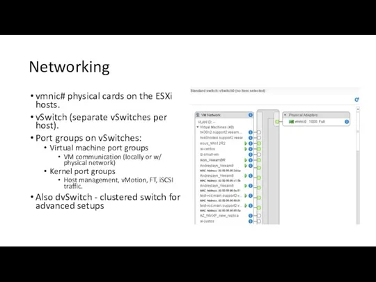 Networking vmnic# physical cards on the ESXi hosts. vSwitch (separate vSwitches per host).