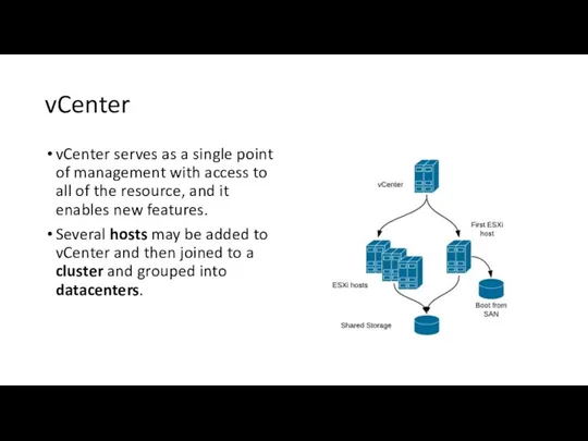vCenter vCenter serves as a single point of management with access to all
