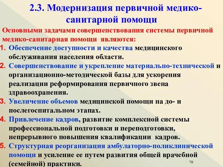 2.3. Модернизация первичной медико-санитарной помощи Основными задачами совершенствования системы первичной