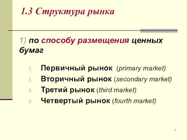 1.3 Структура рынка Первичный рынок (primary market) Вторичный рынок (secondary