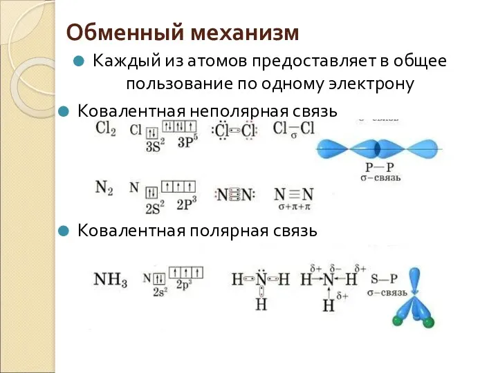 Обменный механизм Каждый из атомов предоставляет в общее пользование по