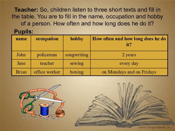 Teacher: So, children listen to three short texts and fill