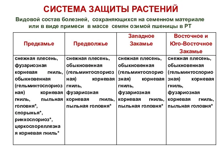 Видовой состав болезней, сохраняющихся на семенном материале или в виде