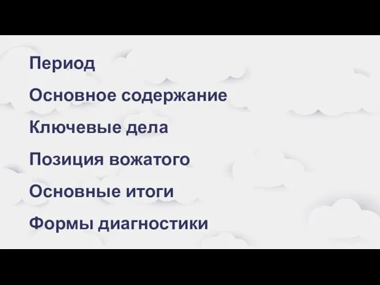 Период Основное содержание Ключевые дела Позиция вожатого Основные итоги Формы диагностики