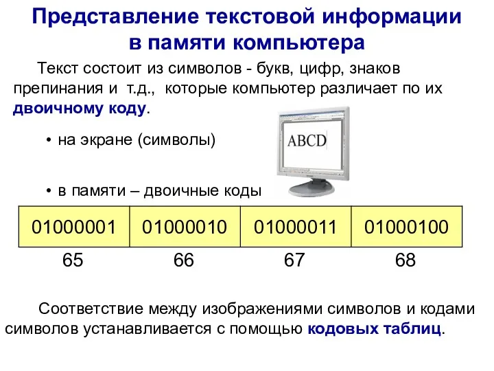 Представление текстовой информации в памяти компьютера Текст состоит из символов