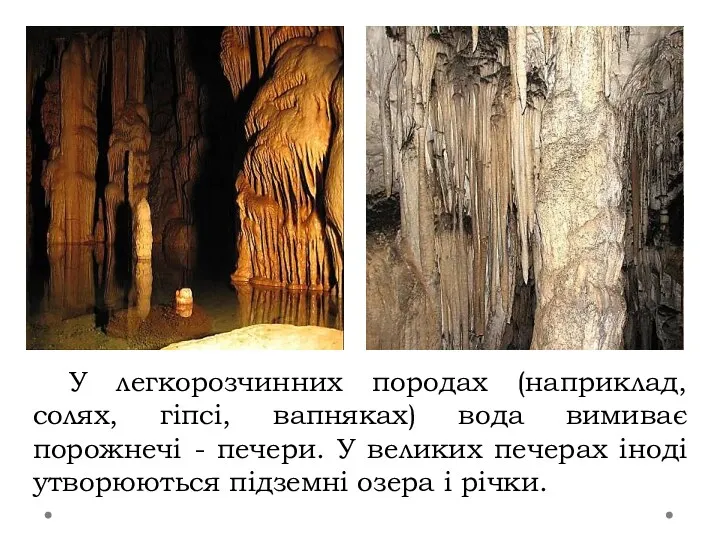 У легкорозчинних породах (наприклад, солях, гіпсі, вапняках) вода вимиває порожнечі - печери. У