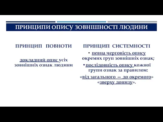 ПРИНЦИПИ ОПИСУ ЗОВНІШНОСТІ ЛЮДИНИ ПРИНЦИП ПОВНОТИ докладний опис усіх зовнішніх