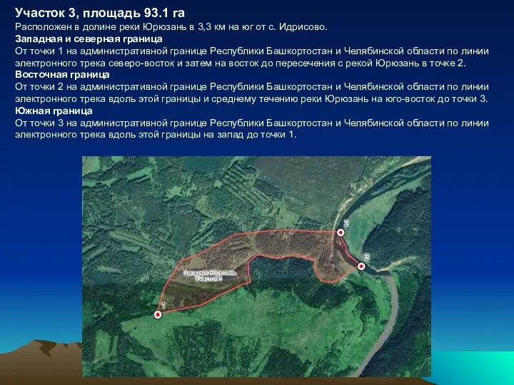 Участок 3, площадь 93.1 га Расположен в долине реки Юрюзань в 3,3 км