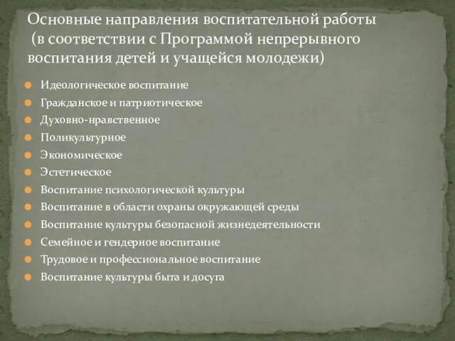 Идеологическое воспитание Гражданское и патриотическое Духовно-нравственное Поликультурное Экономическое Эстетическое Воспитание