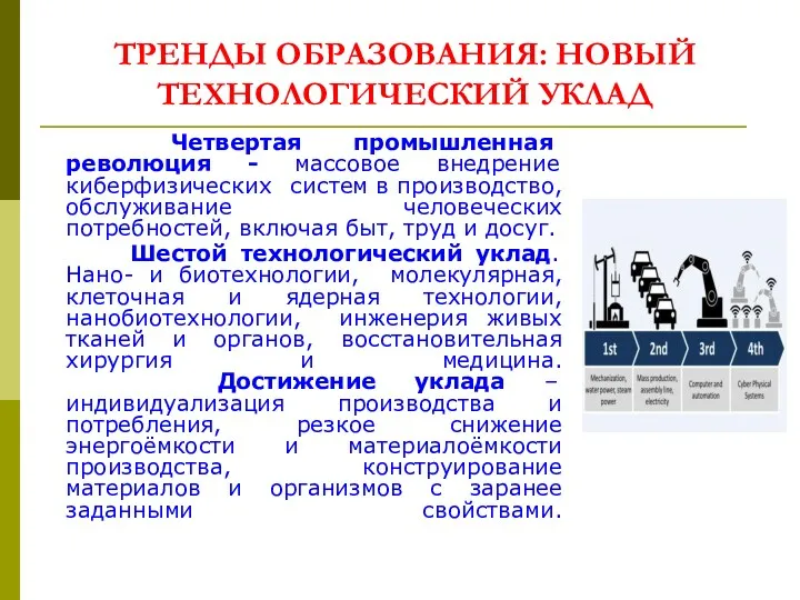 ТРЕНДЫ ОБРАЗОВАНИЯ: НОВЫЙ ТЕХНОЛОГИЧЕСКИЙ УКЛАД Четвертая промышленная революция - массовое