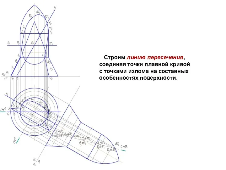 Строим линию пересечения, соединяя точки плавной кривой с точками излома на составных особенностях поверхности.