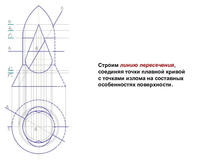 Строим линию пересечения, соединяя точки плавной кривой с точками излома на составных особенностях поверхности.