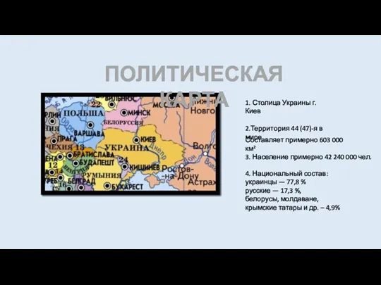 ПОЛИТИЧЕСКАЯ КАРТА 1. Столица Украины г. Киев 2.Территория 44 (47)-я в мире Составляет