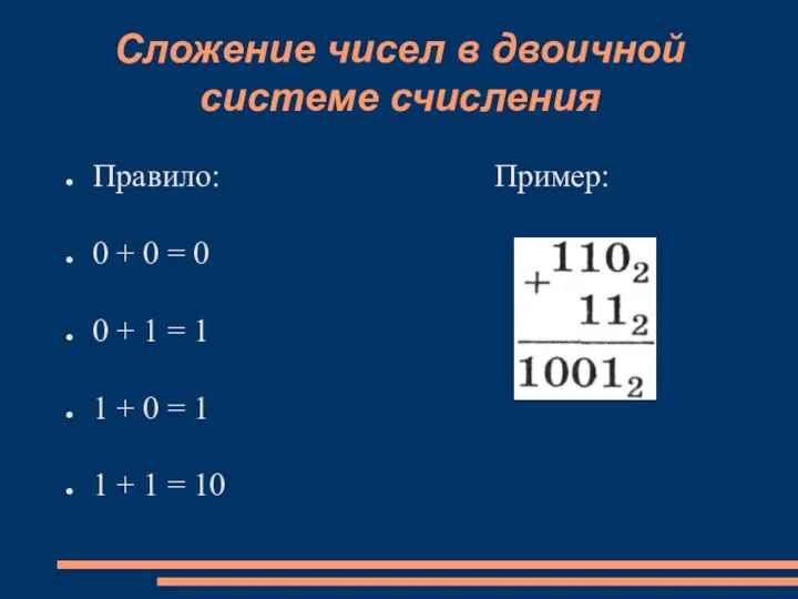 Сложение чисел в двоичной системе счисления Правило: Пример: 0 +