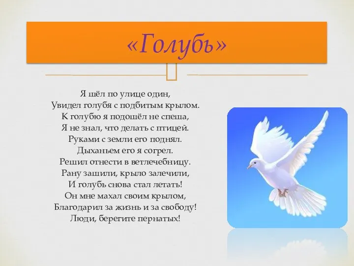 Я шёл по улице один, Увидел голубя с подбитым крылом.