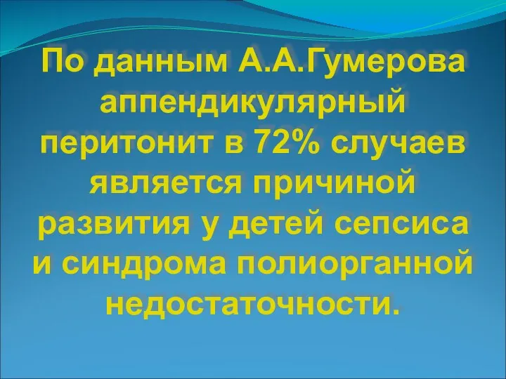 По данным А.А.Гумерова аппендикулярный перитонит в 72% случаев является причиной