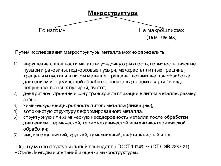 Макроструктура По излому На макрошлифах (темплетах) Путем исследования макроструктуры металла