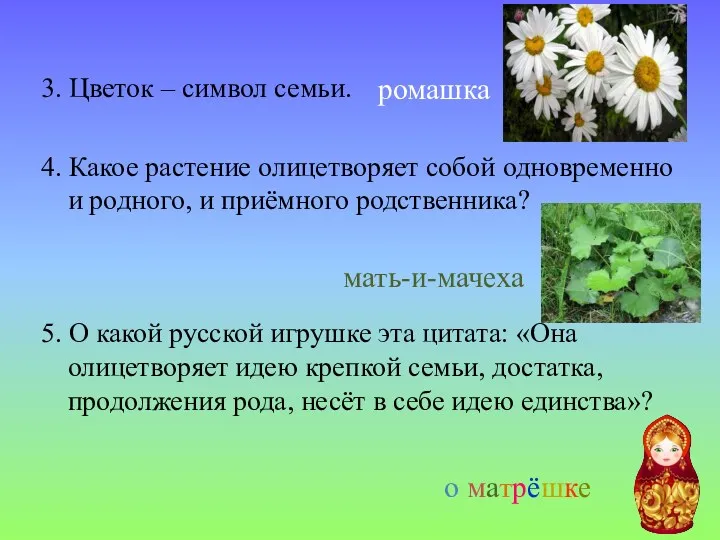 3. Цветок – символ семьи. 4. Какое растение олицетворяет собой