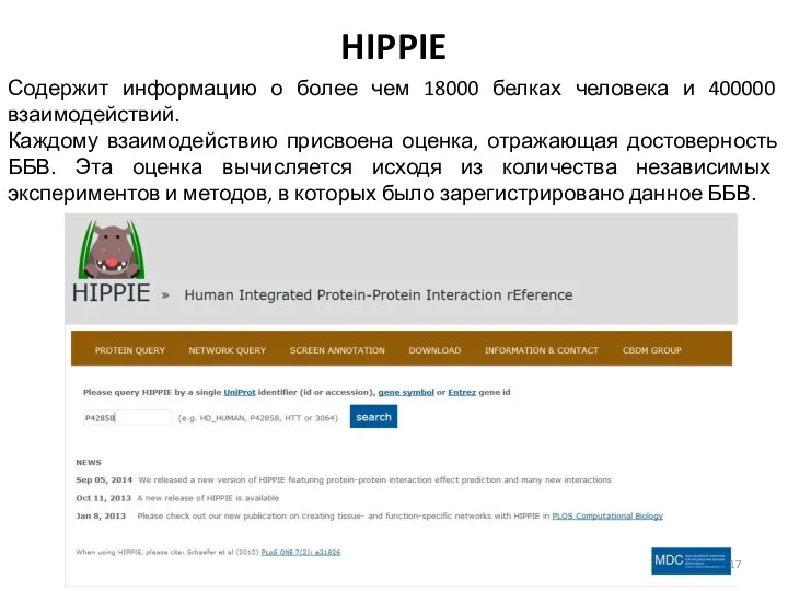 HIPPIE Содержит информацию о более чем 18000 белках человека и 400000 взаимодействий. Каждому