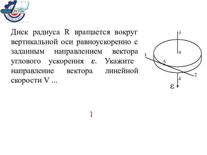 Диск радиуса R вращается вокруг вертикальной оси равноускоренно с заданным