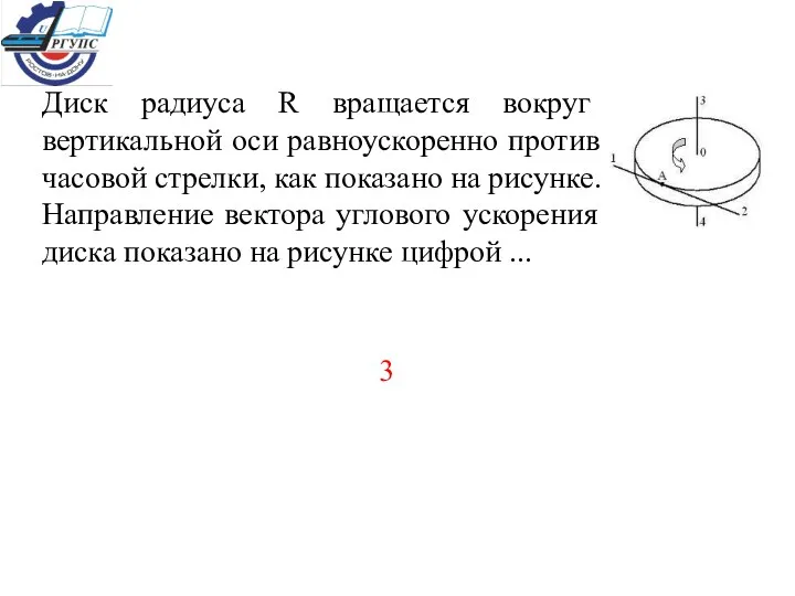 Диск радиуса R вращается вокруг вертикальной оси равноускоренно против часовой стрелки, как показано