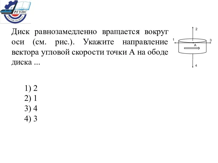 Диск равнозамедленно вращается вокруг оси (см. рис.). Укажите направление вектора угловой скорости точки