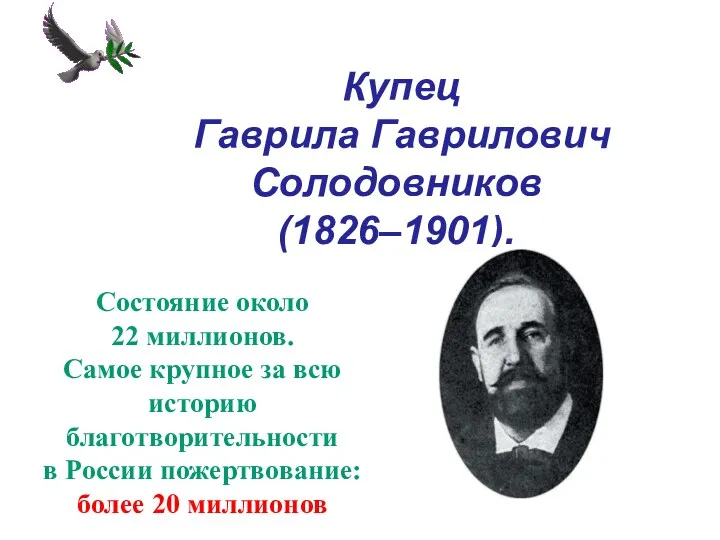 Купец Гаврила Гаврилович Солодовников (1826–1901). Состояние около 22 миллионов. Самое