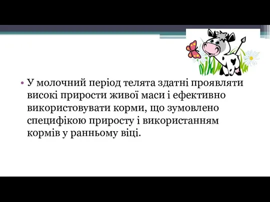 У молочний період телята здатні проявляти високі прирости живої маси і ефективно використовувати