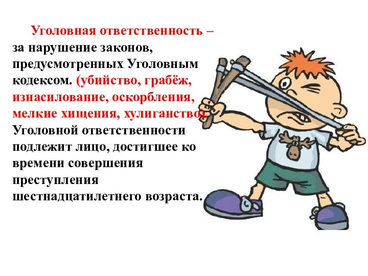 Уголовная ответственность – за нарушение законов, предусмотренных Уголовным кодексом. (убийство,