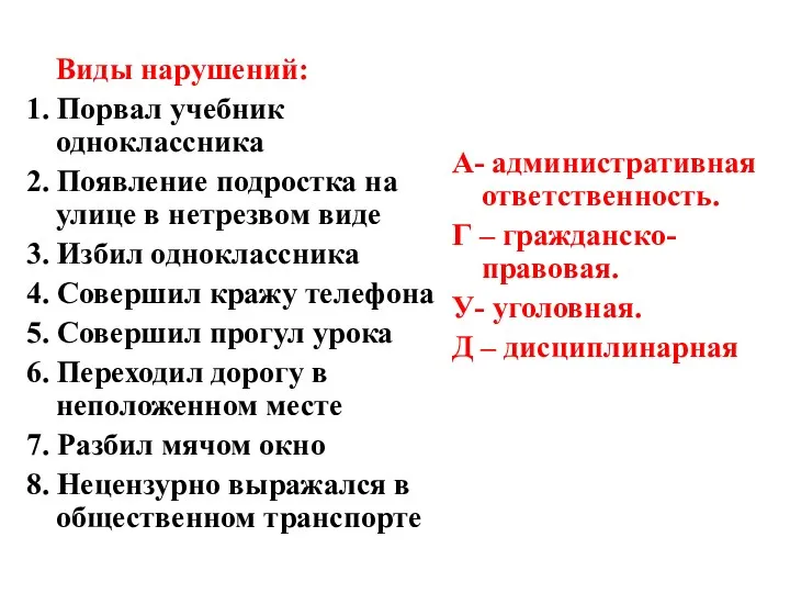 Виды нарушений: 1. Порвал учебник одноклассника 2. Появление подростка на