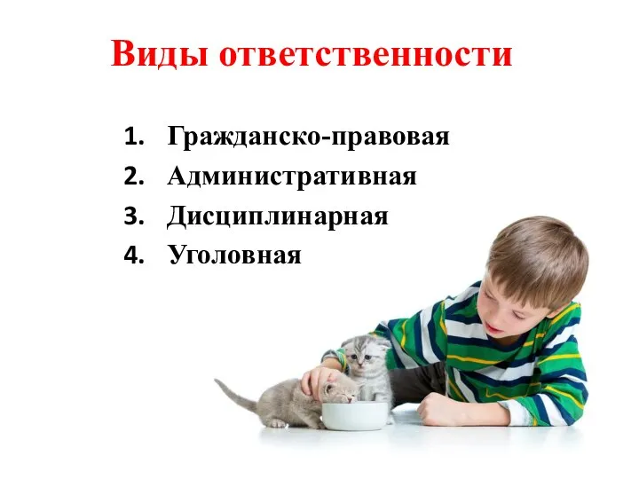 Виды ответственности Гражданско-правовая Административная Дисциплинарная Уголовная