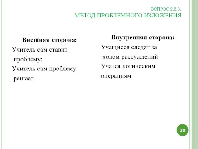 ВОПРОС 2.2.3. МЕТОД ПРОБЛЕМНОГО ИЗЛОЖЕНИЯ Внешняя сторона: Учитель сам ставит