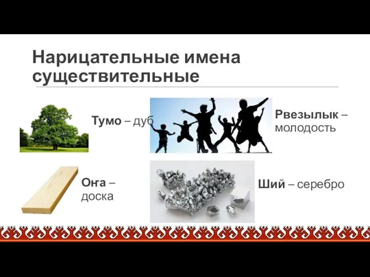 Нарицательные имена существительные Тумо – дуб Оҥа – доска Рвезылык – молодость Ший – серебро