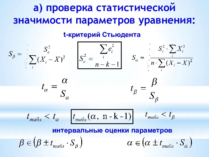 а) проверка статистической значимости параметров уравнения: t-критерий Стьюдента интервальные оценки параметров